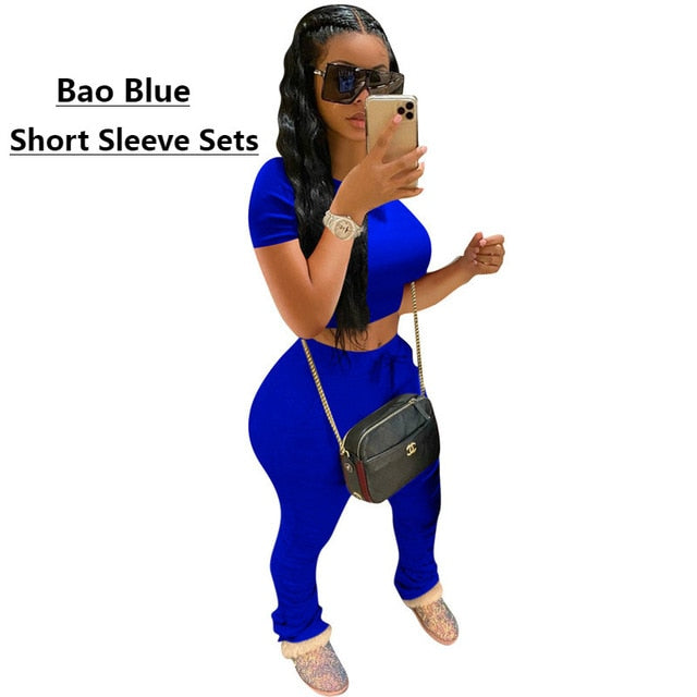Wuhaobo 2 Piece Set Women Crop Top And Stacked Pants Summer Clothes Streetwear Matching Sets Short Sleeve Club Outfits Female