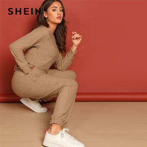 SHEIN Apricot Round Neck Solid Pullover and Slant Pocket Plain Pants Set 2019 Spring Women Minimalist Streetwear Twopiece