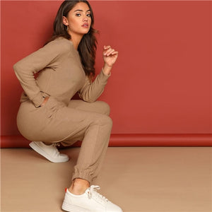 SHEIN Apricot Round Neck Solid Pullover and Slant Pocket Plain Pants Set 2019 Spring Women Minimalist Streetwear Twopiece