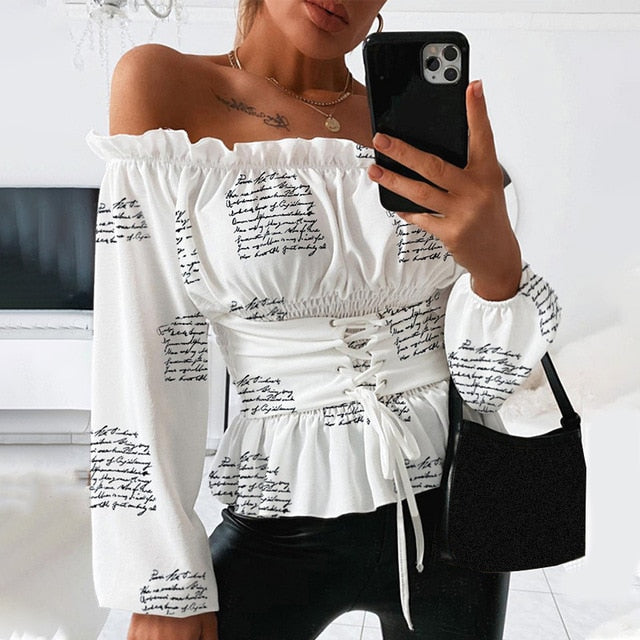 Sexy Women's Off Shoulder Letter Print Blouse Lace Up Ruffle Lantern Sleeve Female Tops 2020 Summer Fashion Ladies Blouses