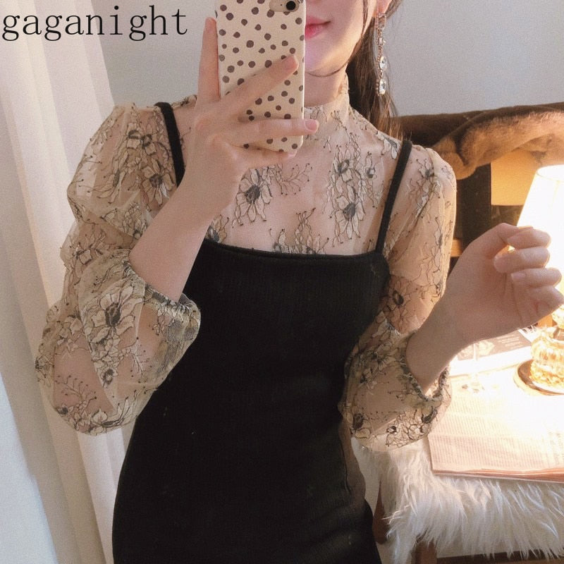 Gaganight Korean Retro Women Blouse Temperament Lace Flower Shirt Lady Stand Collar Long Sleeve Girls Blusas Chic Korean Fashion