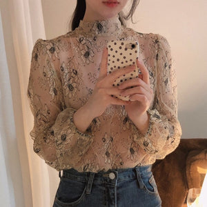 Gaganight Korean Retro Women Blouse Temperament Lace Flower Shirt Lady Stand Collar Long Sleeve Girls Blusas Chic Korean Fashion