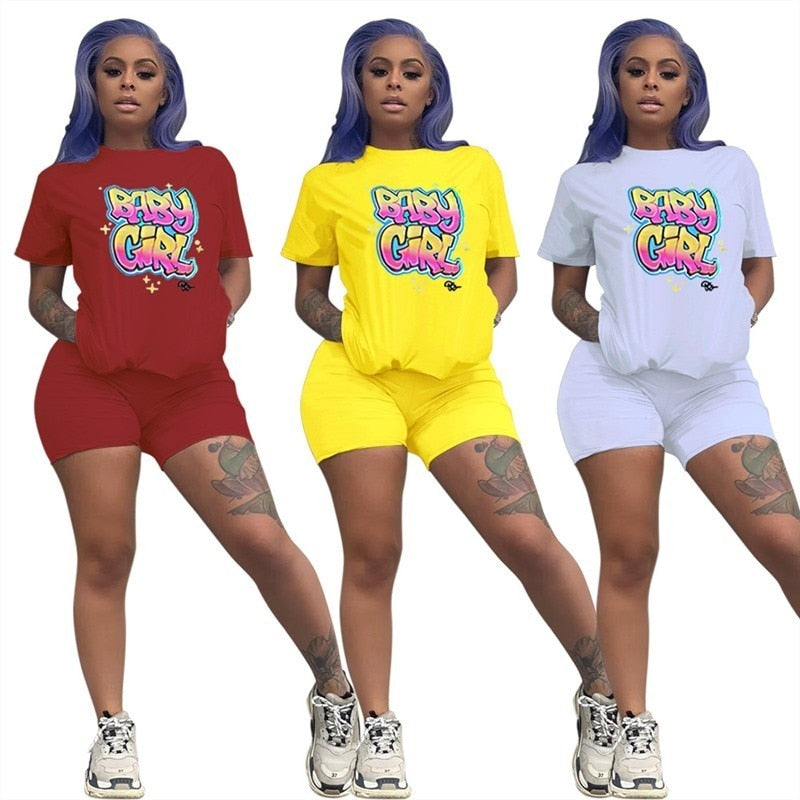 Letters Print Women Short Two Piece Set Top Shorts Set Summer Tracksuit Streetwear Sweat Suit Women Set Casual 2 Pieces Outfits