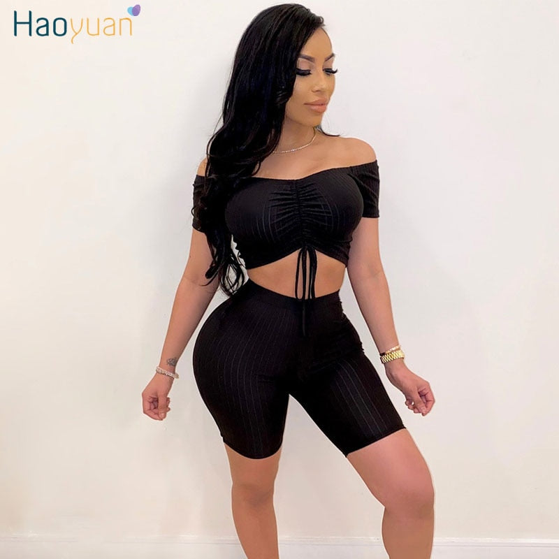 HAOYUAN Sexy Knit Two Piece Set Tracksuit Summer Clother for Women Matching Sets Crop Top Biker Shorts Sweat Suits Club Outfits