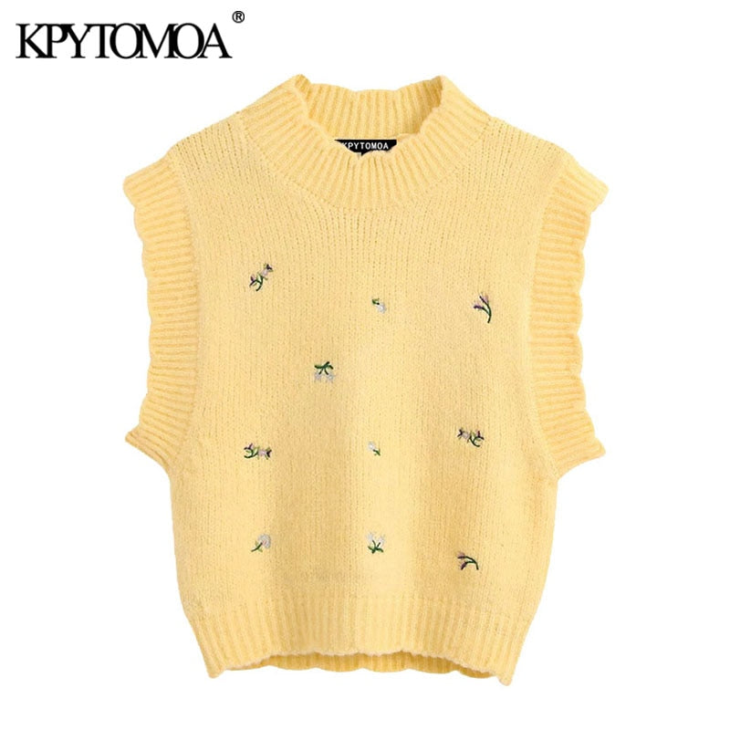 KPYTOMOA Women 2020 Sweet Fashion Floral Embroidery Knitted Vest Sweater Vintage High Neck Sleeveless Female Waistcoat Chic Tops