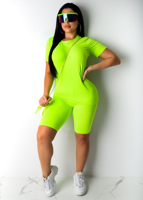 2019 2PCS Women Sports Suit Solid Color Short Sleeve O Neck Tops Shorts Outfit Yoga Workout Clothes Tracksuit