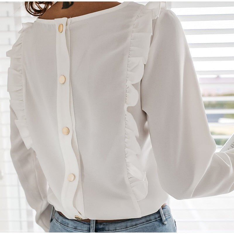 Ruffle Button Women's Blouse Tunic Casual Spring Long Sleeve Office Lady Blouses Woman Fashioon Solid Black White Top Female