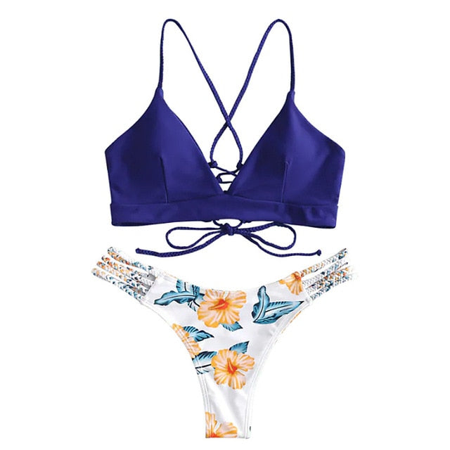 2020 Women Sexy Bikini Set Lace Up Floral Print Bandage Swimsuit Knitted Thong Brazilian Biquini swimwear Summer Beach Wear