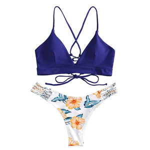 2020 Women Sexy Bikini Set Lace Up Floral Print Bandage Swimsuit Knitted Thong Brazilian Biquini swimwear Summer Beach Wear