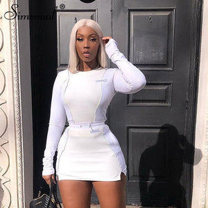 Simenual Casual Fashion Reflective Striped Two Piece Outfits Women Long Sleeve Top And Mini Skirt Sets 2020 White Matching Set
