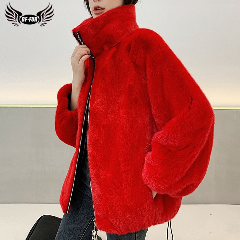 2020 Fashion Winter Genuine Mink Fur Jackets With Big Stand Collar High Quality Real Mink Fur Coats For Women Plus Size Overcoat