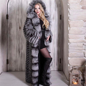 Luxury Genuine Sliver Fox Fur Coat With Big Hood Wholeskin Genuine Fox Fur Jacket 130cm X-Long Women Fur Coats Winter Outwear
