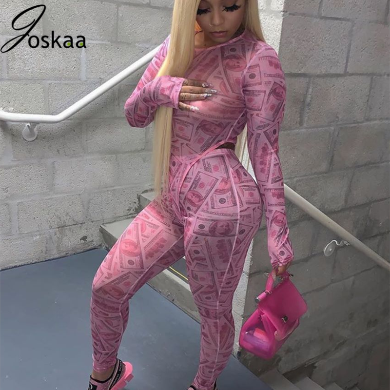 Joskaa Mesh Print Night Club Long sleeve Bodysuit & Pants Party 2 Pieces set Party Fashion outwear Summer 2020