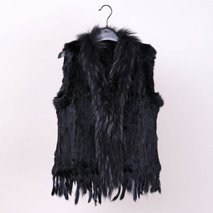 New 28 colors Women Genuine real Rabbit Fur Vest coat tassels Raccoon Fur collar jacket Waistcoat wholesale drop shipping VR032
