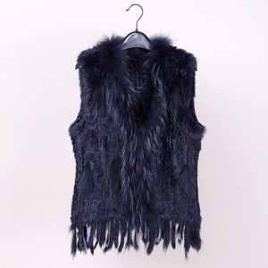 New 28 colors Women Genuine real Rabbit Fur Vest coat tassels Raccoon Fur collar jacket Waistcoat wholesale drop shipping VR032