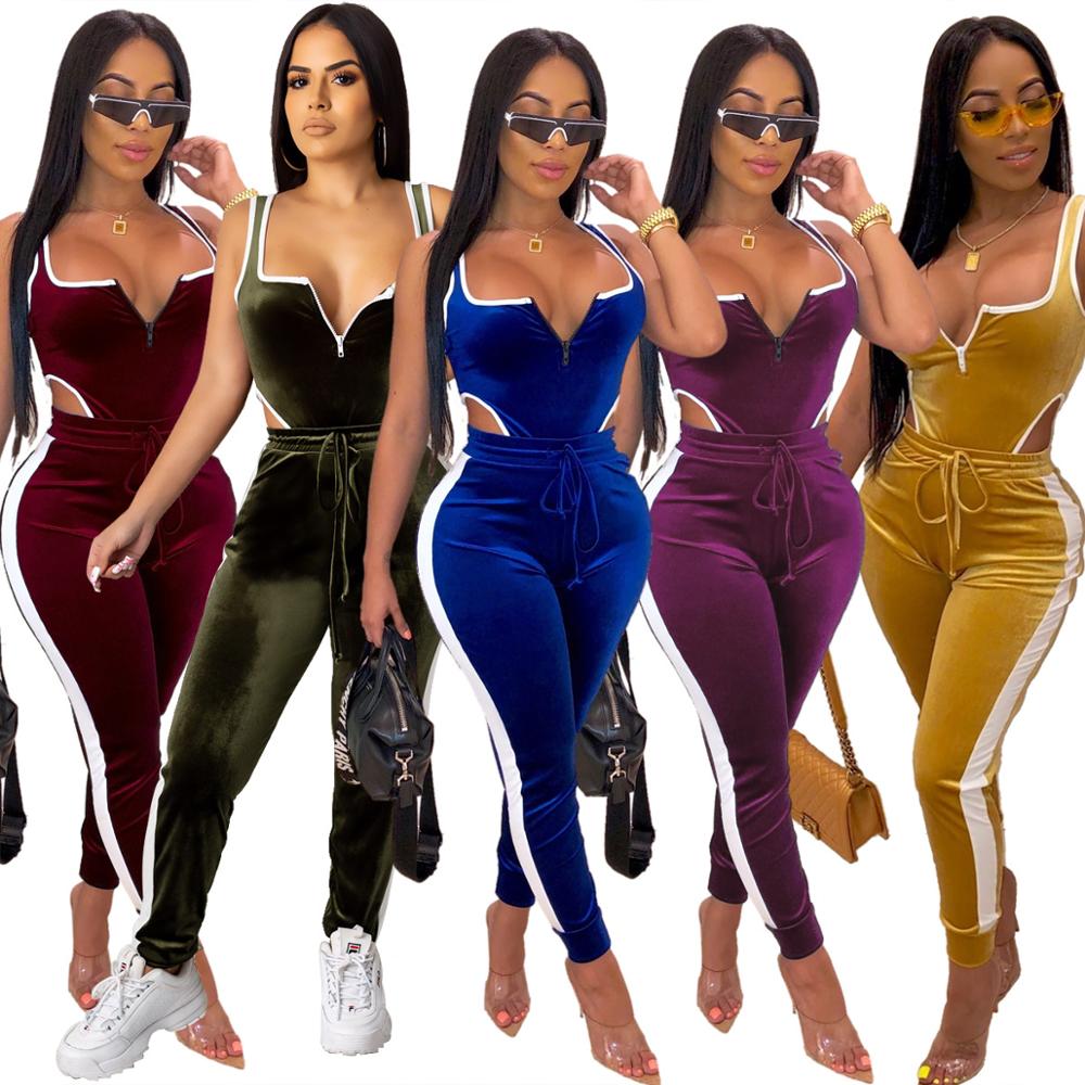 Winter Women's set Velvet bodysuit pencil pants suit two piece set Sexy sleeveless Street casual fashion tracksuit outfit