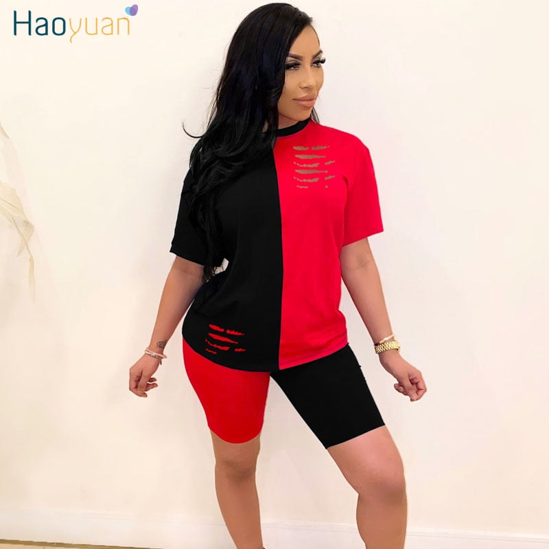 HAOYUAN Two Piece Set Summer Clother for Women Tracksuit Matching Sets Splice Top Biker Shorts Sweat Suits Lounge Wear Outfits