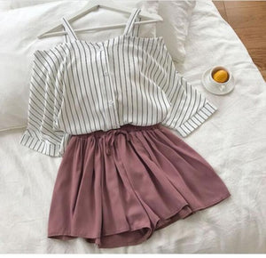 2020 new fashion women's two piece set Fresh striped off-the-shoulder loose blosue top + elastic waist shorts suit