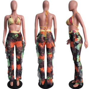 Adogirl Tie Dye Print Mesh Summer Beach Two Piece Set with Panties Women Sexy Bra Halter Crop Top Ruffle Wide Leg Pants Clubwear