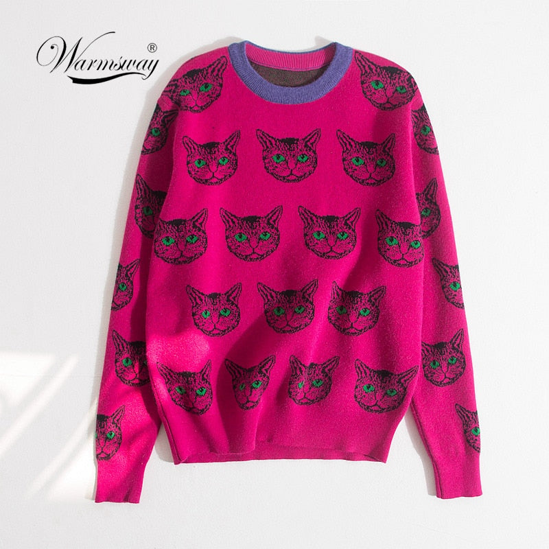 High Quality Runway Designer Cat Print Knitted Sweaters Pullovers Women Autumn Winter Long Sleeve Harajuku Sweet Jumper C-192