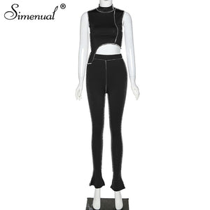 Simenual Casual Sporty Active Wear Matching Set Women Sleeveless Workout Bodycon 2 Piece Outfits Skinny Crop Top and Pants Sets