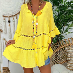 Plus Size 5XL Hollow Out Ruffle Women's Shirts Cotton Linen 3/4 Flare Sleeve Ladies Shirt 2020 Summer Casual Loose Female Tops