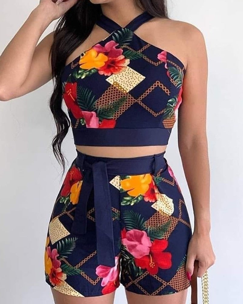 Halter Sleeveless Print Cropped Top & Shorts Sets