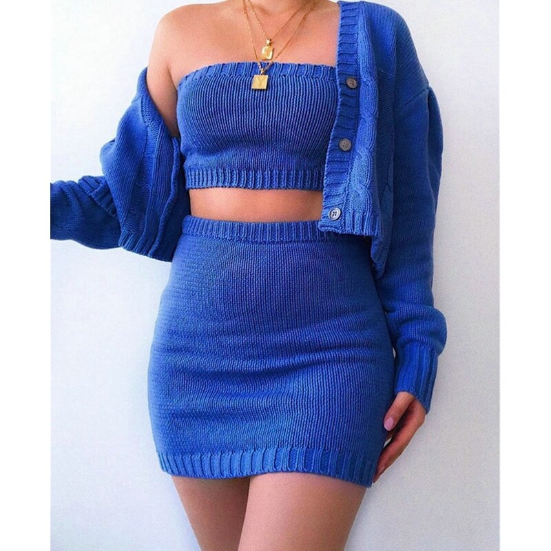 3Pcs Women Sexy Knitted Outfits Autumn Winter Solid Tube Crop Top + Mini Skirt + Long Sleeve Cardigan Sweater Sets