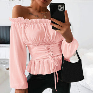 Sexy Slash Neck Ruffle Women's Blouse Long Lantern Sleeve Letter Printed Blouses Female 2020 Summer Lace Up Fashion Clothes