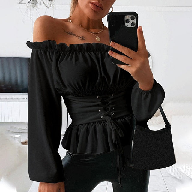 Sexy Slash Neck Ruffle Women's Blouse Long Lantern Sleeve Letter Printed Blouses Female 2020 Summer Lace Up Fashion Clothes