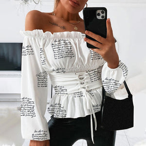 Sexy Slash Neck Ruffle Women's Blouse Long Lantern Sleeve Letter Printed Blouses Female 2020 Summer Lace Up Fashion Clothes