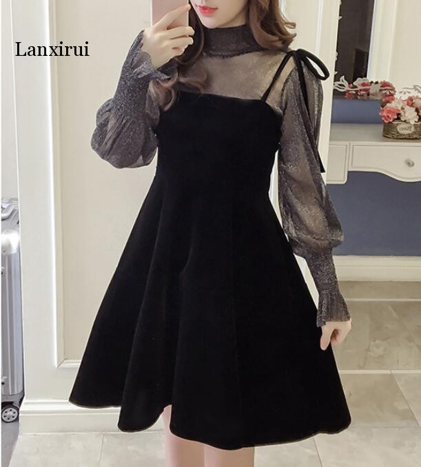 Spring Elegant Women Transparent Lantern Long Sleeves Tops+ Dress Set 2pcs Suit Party Birthday Gift A485