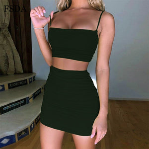 FSDA Ruched Neon Green Backless Dress Two Piece Set Club Outfit Women Spaghetti Strap Crop Top And Mini Skirt Sexy Summer