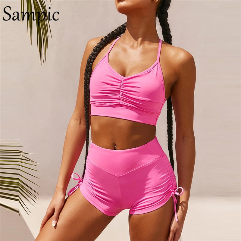 Sampic Outfits Femme Clothing White Sport Skinny Tracksuit Summer Women Casual Sexy Crop Tops And Biker Shorts Two Piece Set