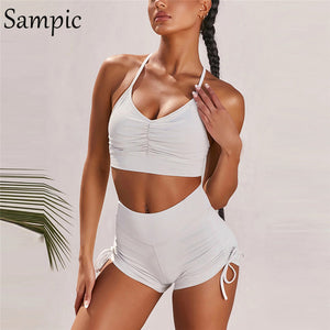 Sampic Outfits Femme Clothing White Sport Skinny Tracksuit Summer Women Casual Sexy Crop Tops And Biker Shorts Two Piece Set