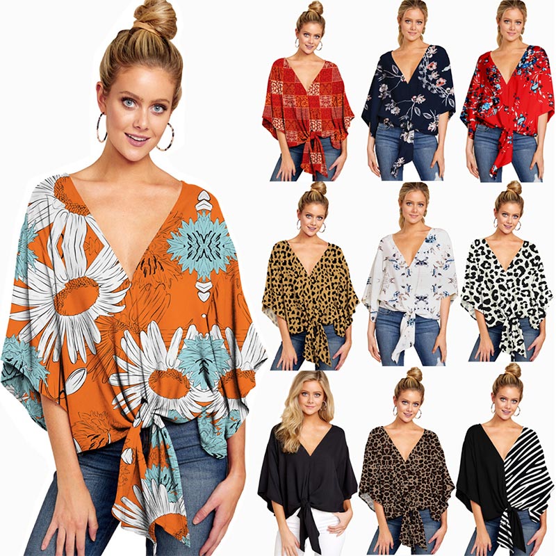 Plus Size 5XL Summer Cardigan Women Blouse Casual Batwing Sleeve Deep V Blouses Femme Print Tie Loose Irregular Pullovers Ladies