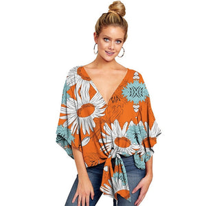 Plus Size 5XL Summer Cardigan Women Blouse Casual Batwing Sleeve Deep V Blouses Femme Print Tie Loose Irregular Pullovers Ladies