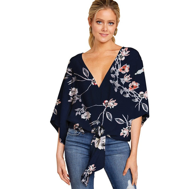 Plus Size 5XL Summer Cardigan Women Blouse Casual Batwing Sleeve Deep V Blouses Femme Print Tie Loose Irregular Pullovers Ladies