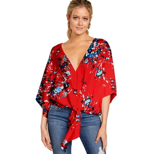 Plus Size 5XL Summer Cardigan Women Blouse Casual Batwing Sleeve Deep V Blouses Femme Print Tie Loose Irregular Pullovers Ladies