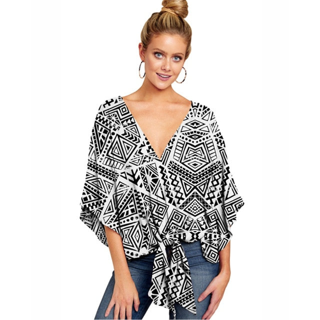 Plus Size 5XL Summer Cardigan Women Blouse Casual Batwing Sleeve Deep V Blouses Femme Print Tie Loose Irregular Pullovers Ladies