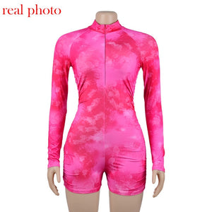 Simenual Tie Dye Ruched Casual Biker Shorts Rompers Women Long Sleeve Workout Active Wear Skinny Playsuit Fashion Bodycon 2020