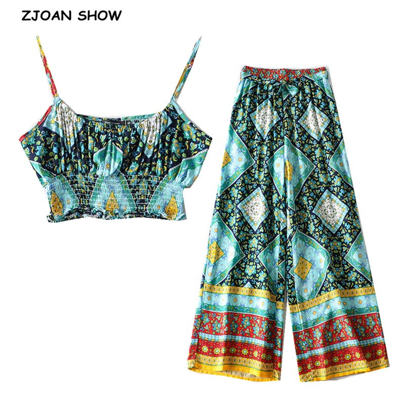 2020 BOHO Elastic Hem Geometric Floral Print Bra Tank Top Crop Top Women Tie Bow Sashes Wide Leg Pants Ruched Camis 2 Pieces Set