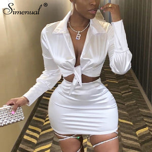 Simenual Sexy Fashion Satin Matching Sets Women V Neck Party Hot Silk 2 Piece Outfits Long Sleeve Bandage Crop Top And Skirt Set