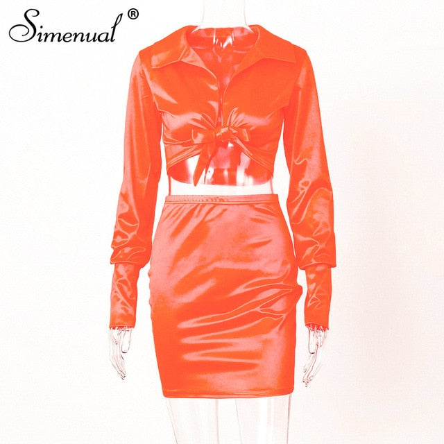 Simenual Sexy Fashion Satin Matching Sets Women V Neck Party Hot Silk 2 Piece Outfits Long Sleeve Bandage Crop Top And Skirt Set