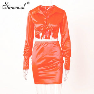 Simenual Sexy Fashion Satin Matching Sets Women V Neck Party Hot Silk 2 Piece Outfits Long Sleeve Bandage Crop Top And Skirt Set