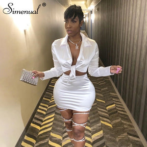 Simenual Sexy Fashion Satin Matching Sets Women V Neck Party Hot Silk 2 Piece Outfits Long Sleeve Bandage Crop Top And Skirt Set