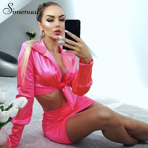 Simenual Sexy Fashion Satin Matching Sets Women V Neck Party Hot Silk 2 Piece Outfits Long Sleeve Bandage Crop Top And Skirt Set