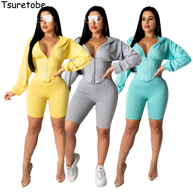 Tsuretobe Casual Tracksuits Women 2 Piece Set Hoodie Jacket And High Waist Shorts Suits Summer Club Outfits 2020 Matching Sets