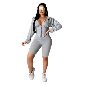 Tsuretobe Casual Tracksuits Women 2 Piece Set Hoodie Jacket And High Waist Shorts Suits Summer Club Outfits 2020 Matching Sets