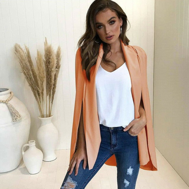 Women Elegant Blazer 2019 Hot Selling Contrast Binding Open Front Cape Long Sleeve Blazer Longline Plain Outerwear